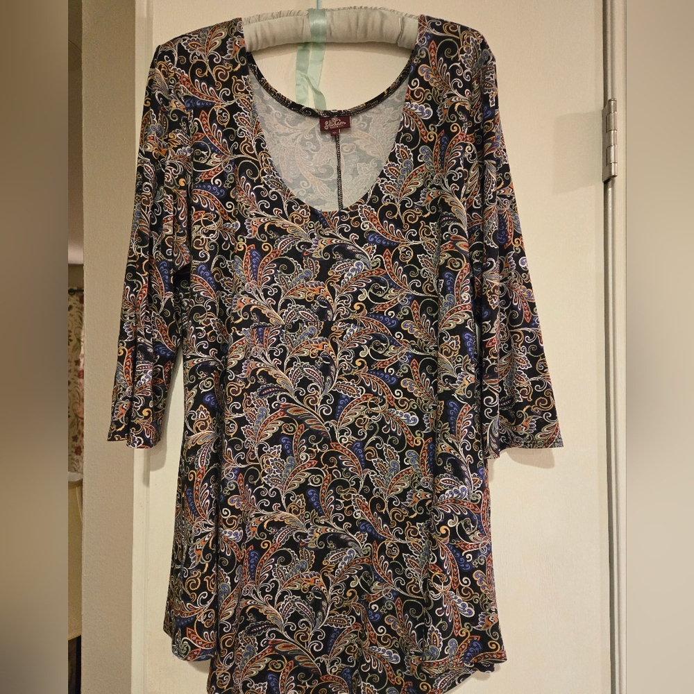 Salaam XL Tunic, Black With Beautiful Multicolored Swirling Pattern, Scoop Neck
